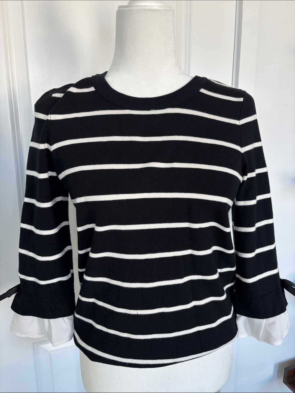 Maison Jules Black & White Striped Ruffle-Cuff Long Sleeve Top